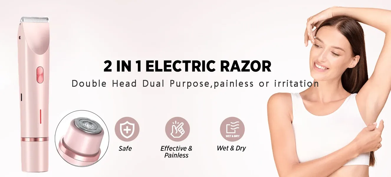 Rasoir électrique pour femme à double tête, vue d'ensemble