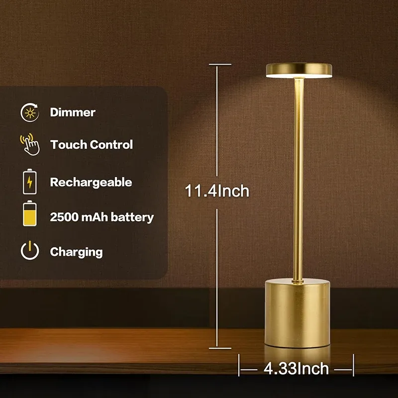 Lampe de table LED avec capteur tactile, veilleuse rechargeable par USB, lampe de chevet portable sans fil, lampe de lecture pour restaurant, hôtel, bar 4