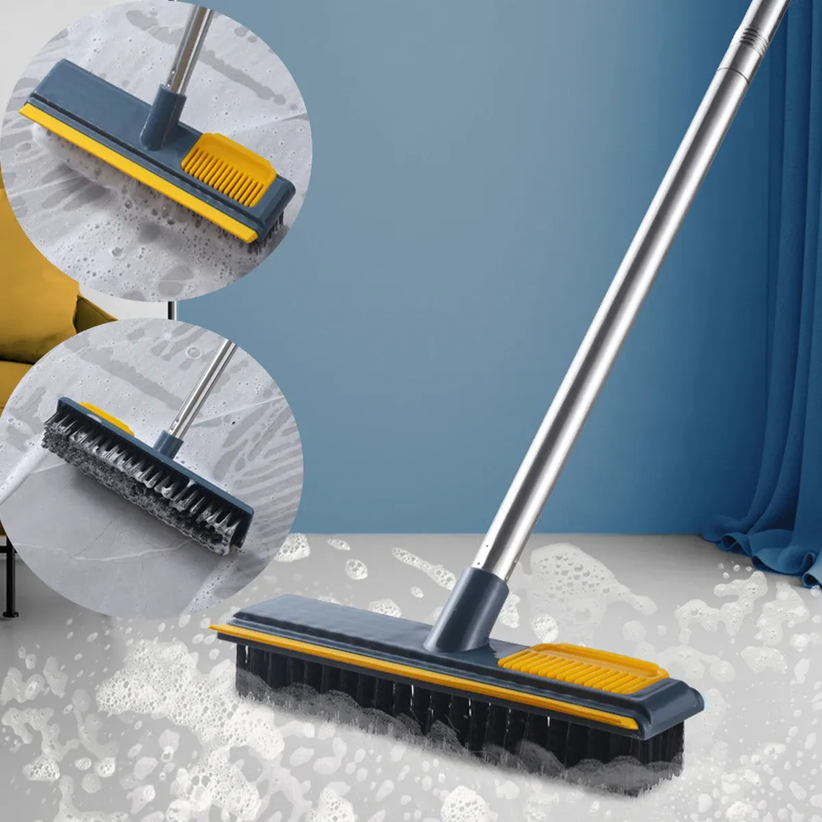 Brosse à récurer 2 en 1 à long manche pour baignoire, raclette pour vitres, murs et carrelage - Image 1