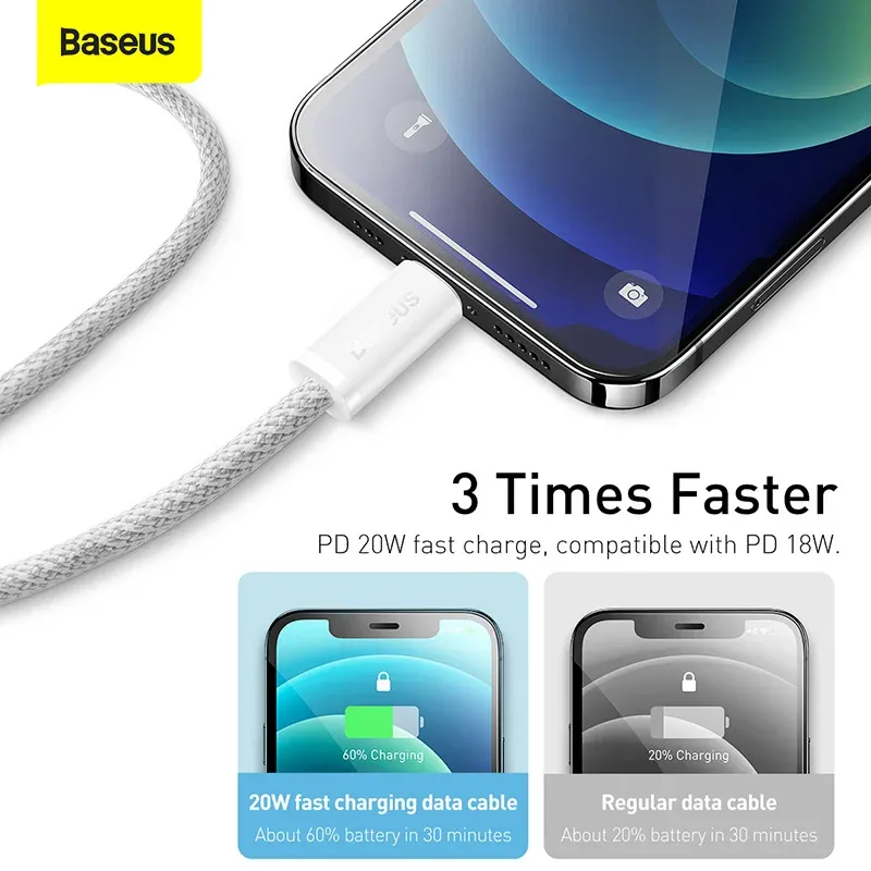 Câble USB-C Baseus pour iPhone 14, 13, 12, 11 Pro Max, XS, Plus, câble de charge rapide 20 W et 30 W, câble de données Type-C pour iPad et MacBook 5