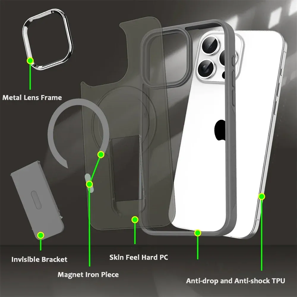 Étui magnétique de luxe avec support pliable compatible MagSafe pour iPhone 16, 15, 14, 13, 12, 17 et 18 Pro Max, coque arrière translucide mate 2