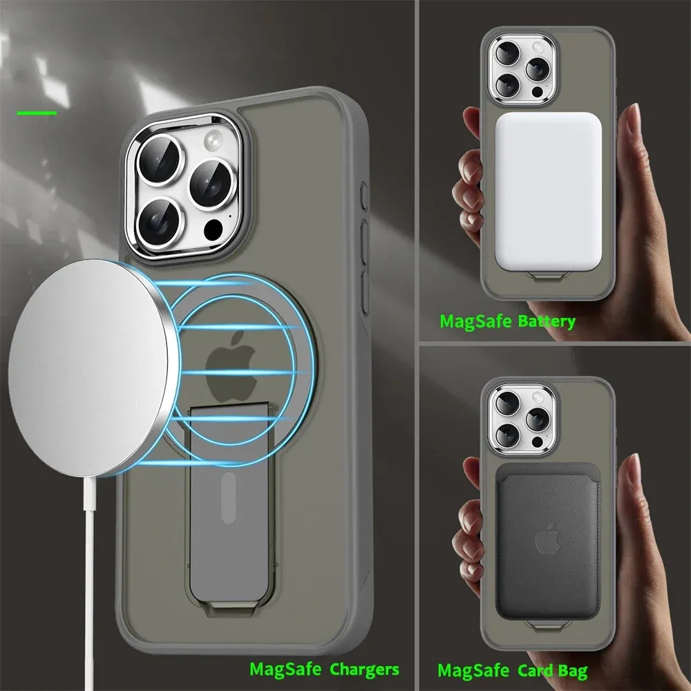 Étui magnétique de luxe avec support pliable compatible MagSafe pour iPhone 16, 15, 14, 13, 12, 17 et 18 Pro Max, coque arrière translucide mate 3