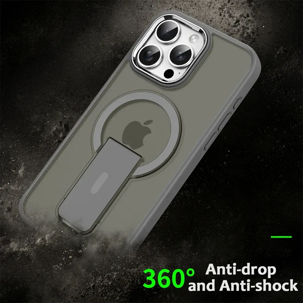 Étui magnétique de luxe avec support pliable compatible MagSafe pour iPhone 16, 15, 14, 13, 12, 17 et 18 Pro Max, coque arrière translucide mate 6