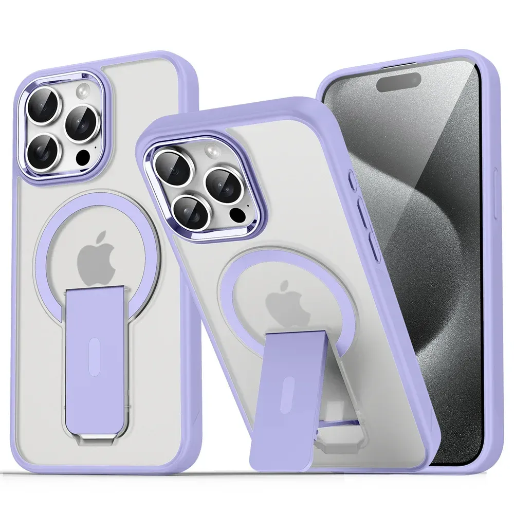 Étui magnétique de luxe avec support pliable compatible MagSafe pour iPhone 16, 15, 14, 13, 12, 17 et 18 Pro Max, coque arrière translucide mate 11