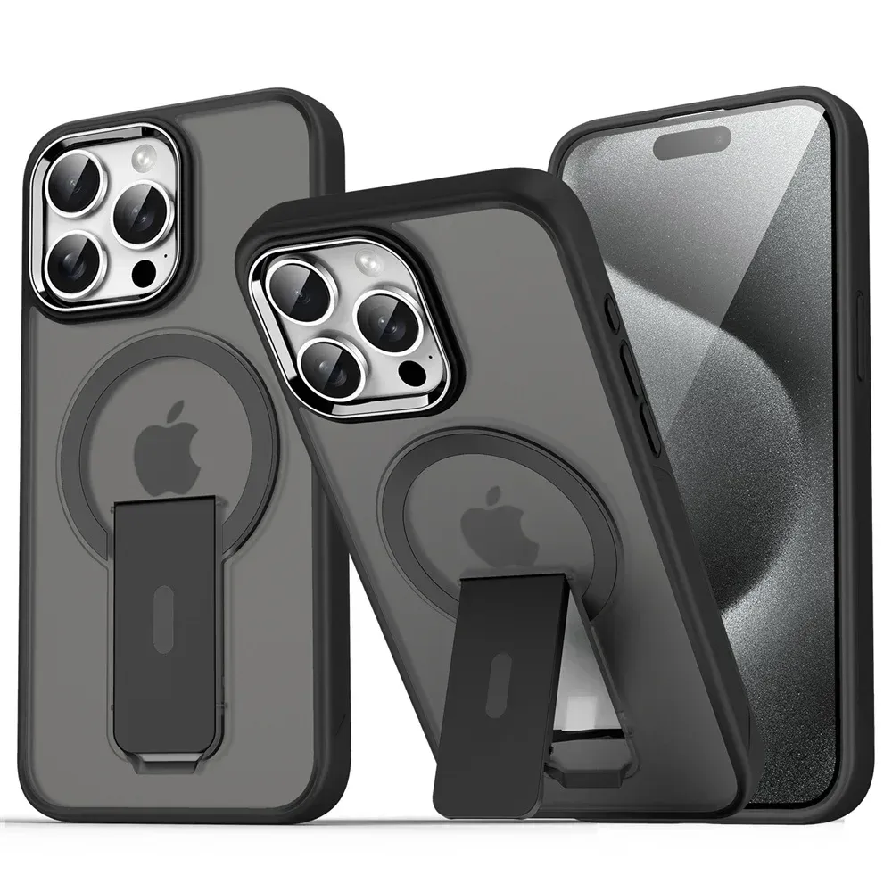 Étui magnétique de luxe avec support pliable compatible MagSafe pour iPhone 16, 15, 14, 13, 12, 17 et 18 Pro Max, coque arrière translucide mate 9