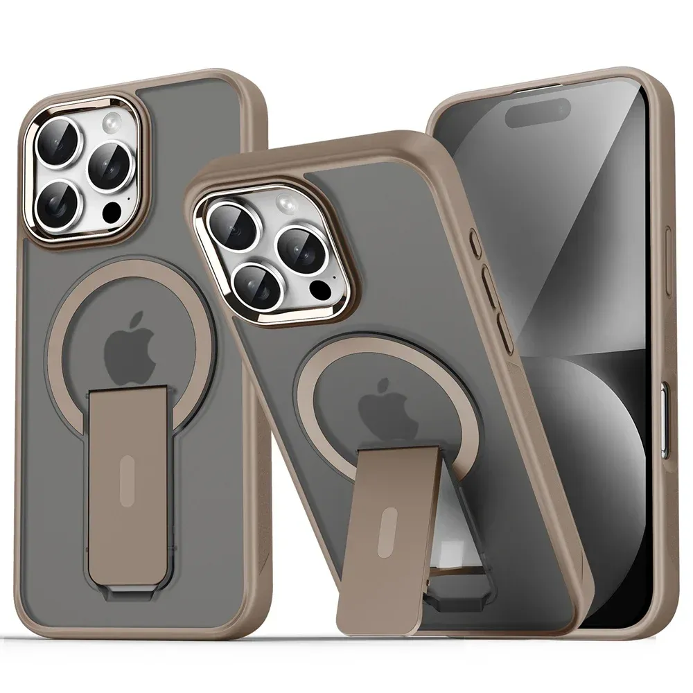 Étui magnétique de luxe avec support pliable compatible MagSafe pour iPhone 16, 15, 14, 13, 12, 17 et 18 Pro Max, coque arrière translucide mate 7