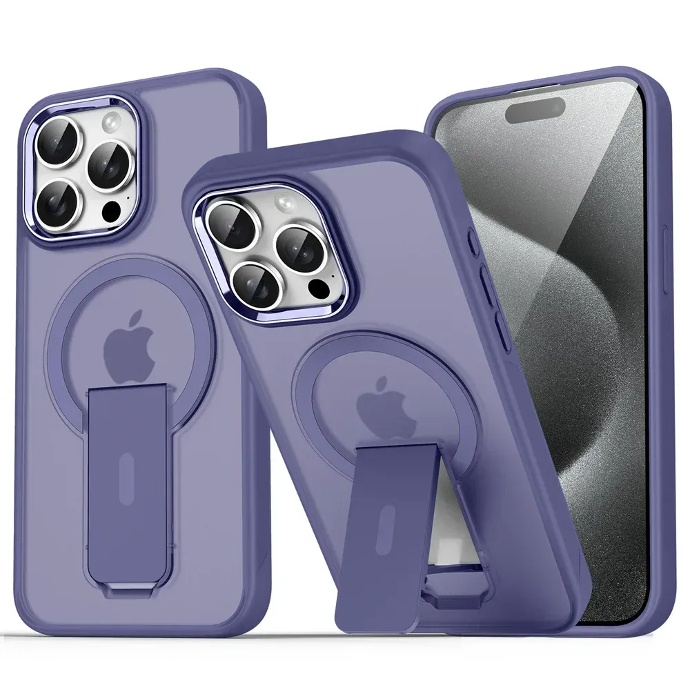 Étui magnétique de luxe avec support pliable compatible MagSafe pour iPhone 16, 15, 14, 13, 12, 17 et 18 Pro Max, coque arrière translucide mate 8