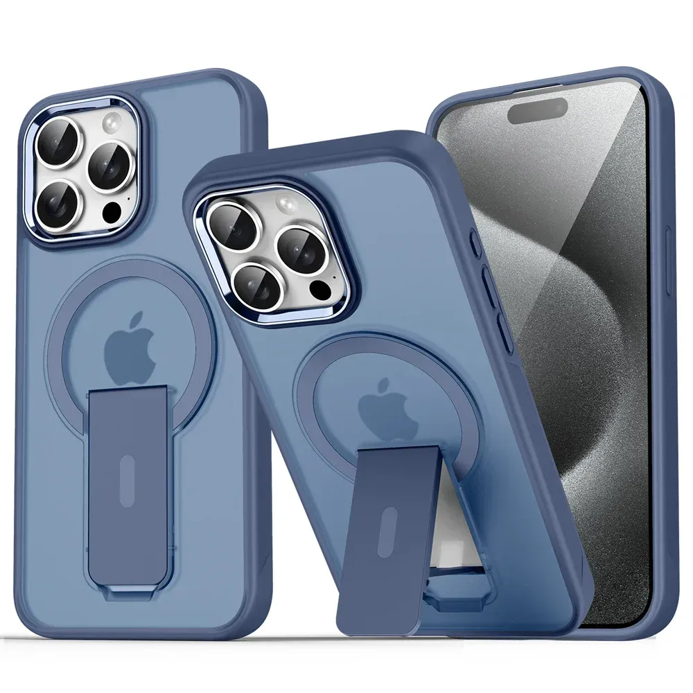 Étui magnétique de luxe avec support pliable compatible MagSafe pour iPhone 16, 15, 14, 13, 12, 17 et 18 Pro Max, coque arrière translucide mate 12