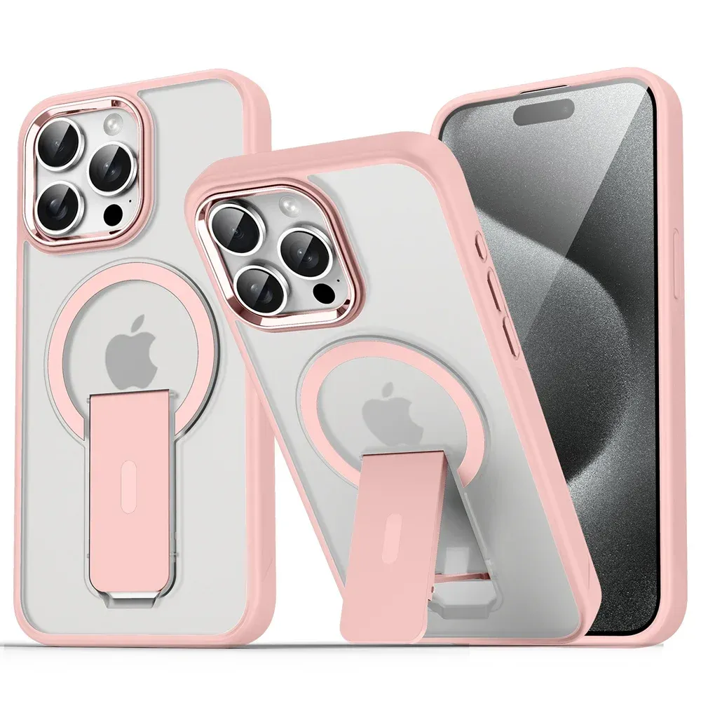 Étui magnétique de luxe avec support pliable compatible MagSafe pour iPhone 16, 15, 14, 13, 12, 17 et 18 Pro Max, coque arrière translucide mate 13