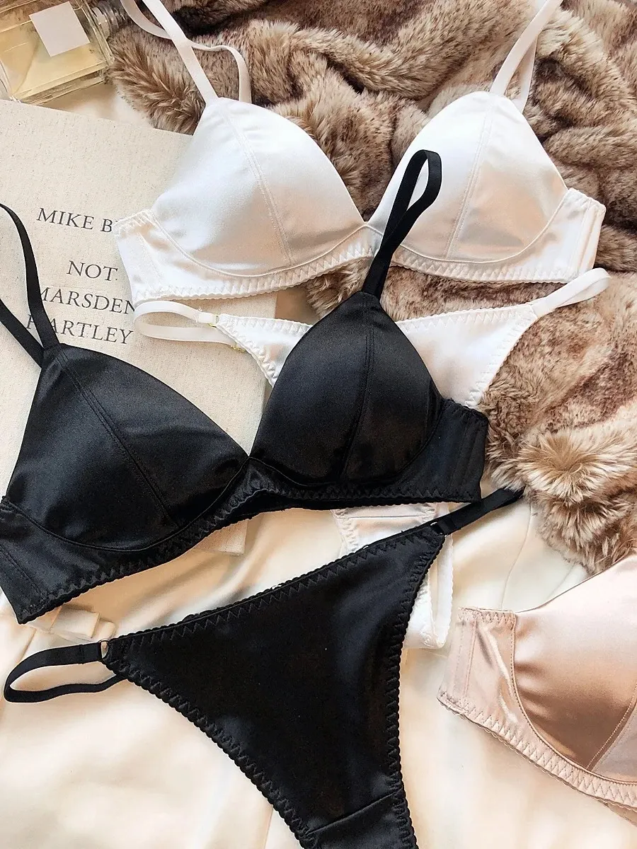 Ensemble de lingerie en soie pour femme : soutien-gorge sans couture sans armatures et culotte assortie, collection été 3