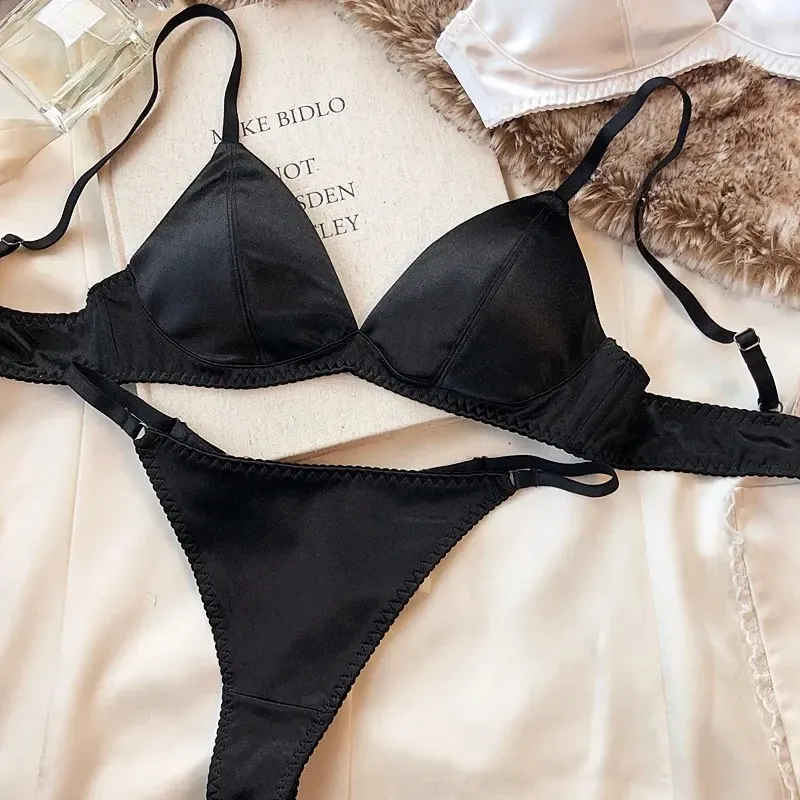Ensemble de lingerie en soie pour femme : soutien-gorge sans couture sans armatures et culotte assortie, collection été 9
