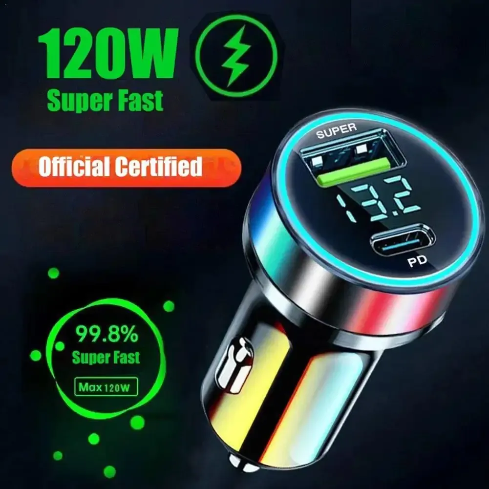 Chargeur de voiture rapide USB-C, compatible iPhone 13 Pro, 12-24 V, 120 W + PD 20 W