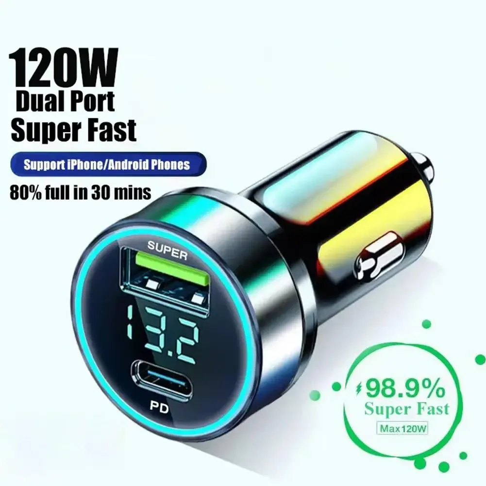 Chargeur de voiture rapide USB-C, compatible iPhone 13 Pro, 12-24 V, 120 W + PD 20 W 4