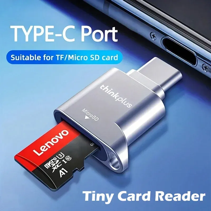 Lecteur de carte mémoire USB-C Lenovo Thinkplus pour cartes Micro SD et TF, adaptateur compact en métal pour téléphone Type-C