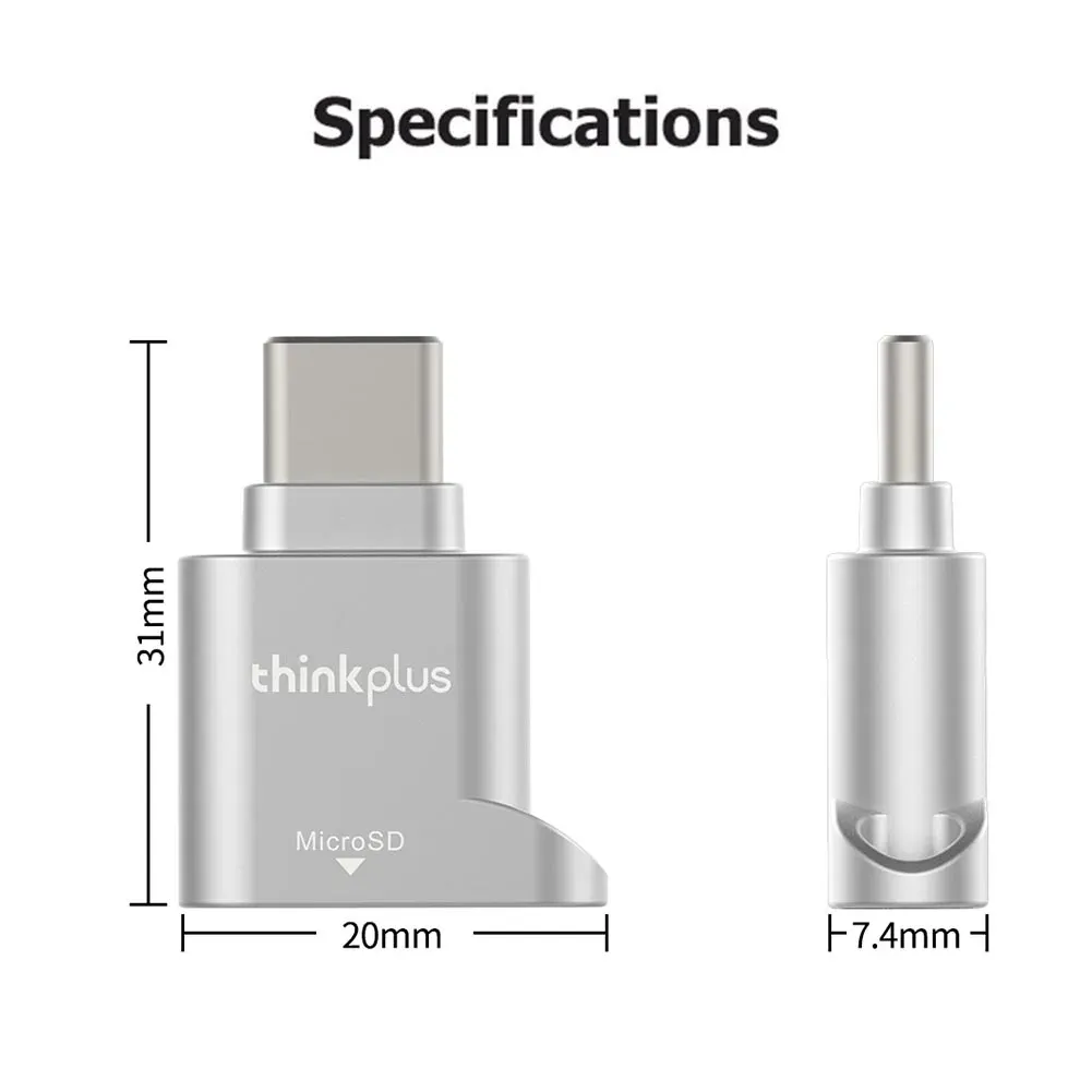 Lecteur de carte mémoire USB-C Lenovo Thinkplus pour cartes Micro SD et TF, adaptateur compact en métal pour téléphone Type-C 6