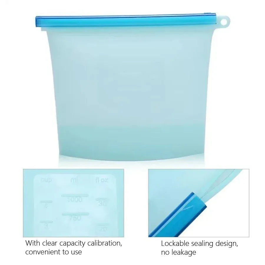 Sac de conservation réutilisable en silicone de qualité alimentaire, 1000 ml, pour déjeuner, sandwich, collation, liquides et congélation de fruits, avec fermeture éclair, 4 couleurs 3
