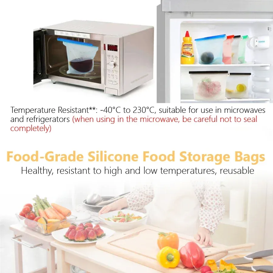 Sac de conservation réutilisable en silicone de qualité alimentaire, 1000 ml, pour déjeuner, sandwich, collation, liquides et congélation de fruits, avec fermeture éclair, 4 couleurs 4