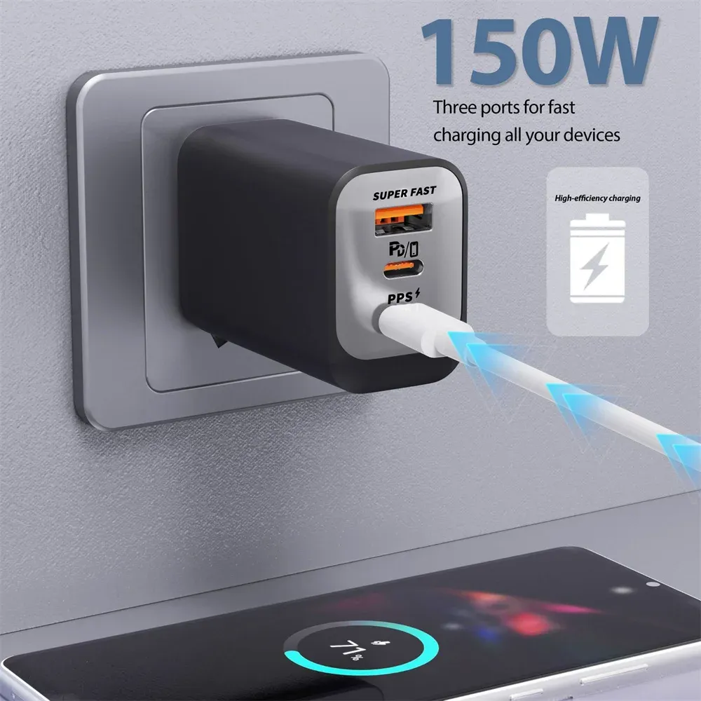 Chargeur USB-C 150 W à charge rapide QC 3.0, adaptateur de voyage pour smartphone, compatible iPhone 17, Samsung et Xiaomi, prises UE, UK et US