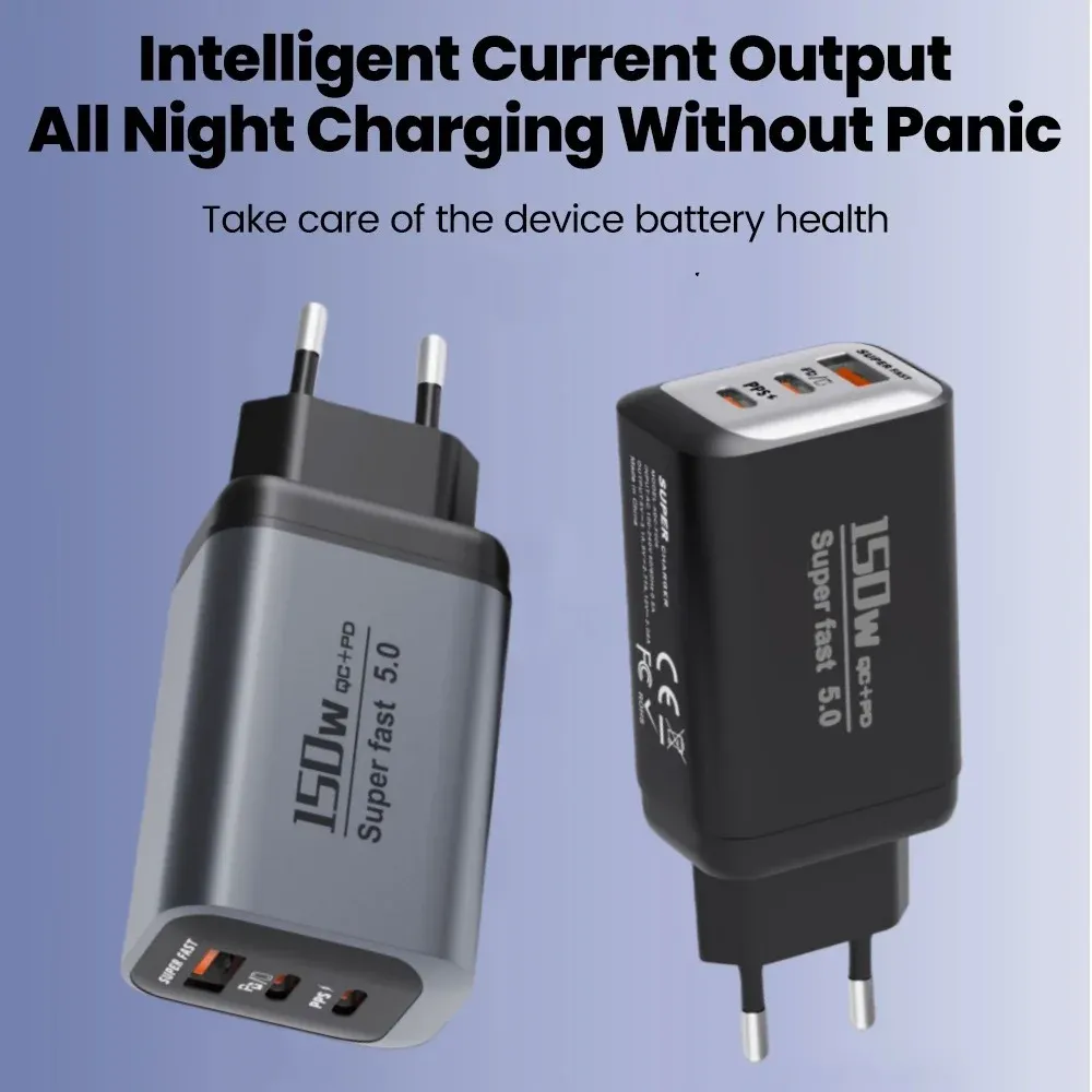 Chargeur USB-C 150 W à charge rapide QC 3.0, adaptateur de voyage pour smartphone, compatible iPhone 17, Samsung et Xiaomi, prises UE, UK et US 3