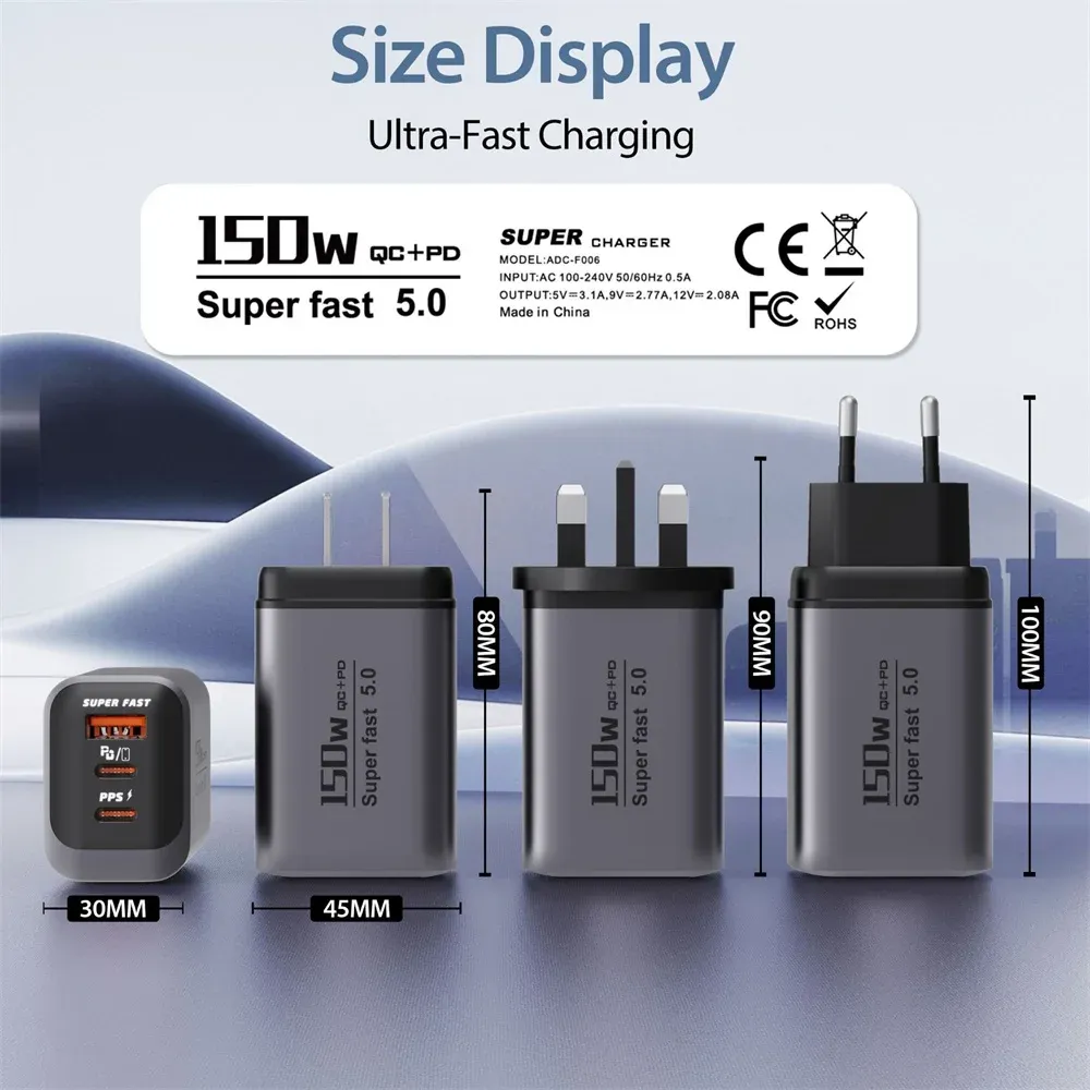 Chargeur USB-C 150 W à charge rapide QC 3.0, adaptateur de voyage pour smartphone, compatible iPhone 17, Samsung et Xiaomi, prises UE, UK et US 6