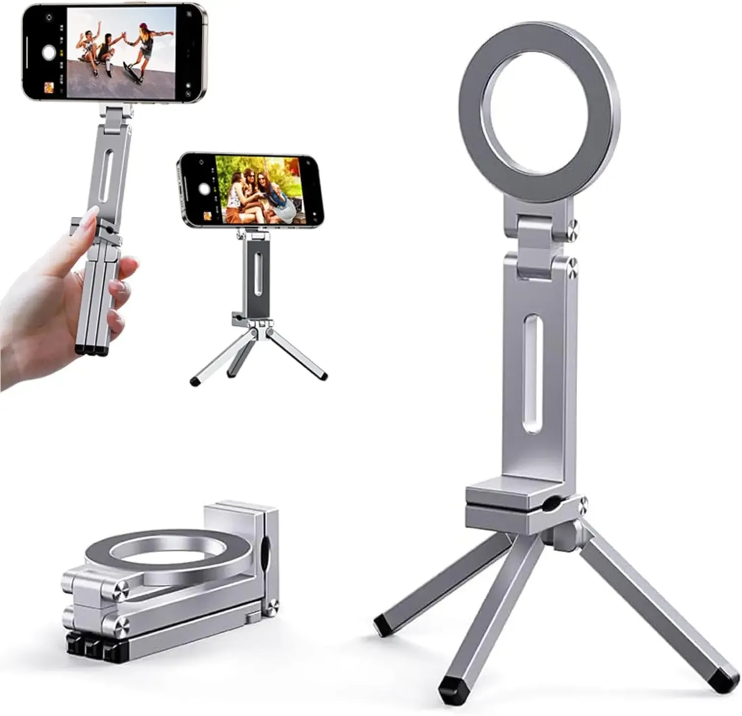 Support de téléphone magnétique pliable à rotation 360° pour iPhone et Samsung, idéal pour les vidéos en voyage, au bureau ou en avion/train