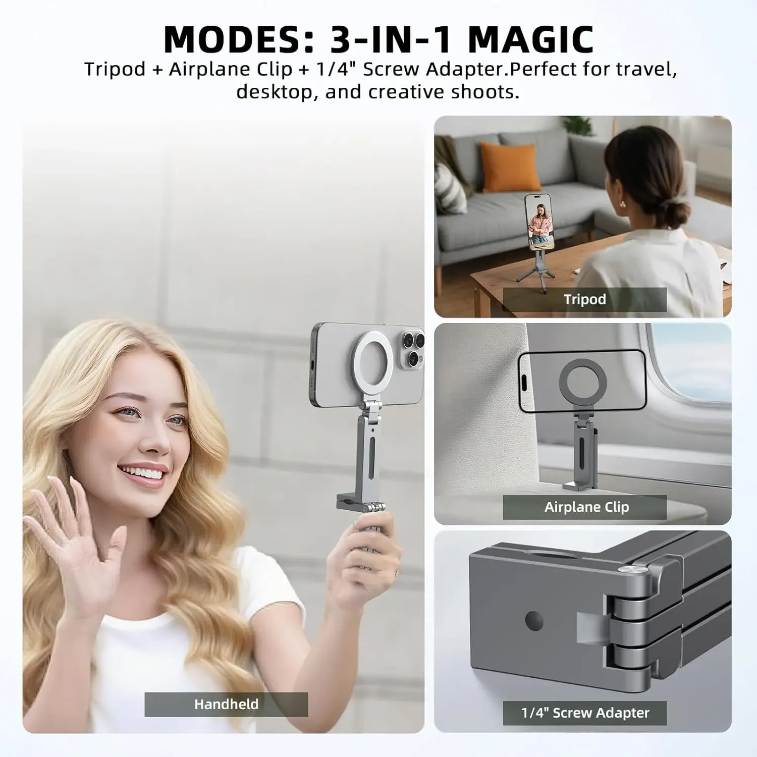 Support de téléphone magnétique pliable à rotation 360° pour iPhone et Samsung, idéal pour les vidéos en voyage, au bureau ou en avion/train 3