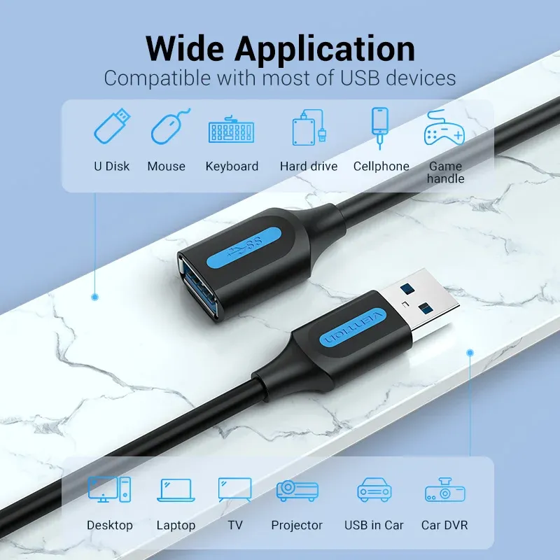 Câble d'extension USB 3.0 Vention, mâle vers femelle, compatible USB 2.0, câble de données pour Smart TV, PS4, Xbox One et PC 2