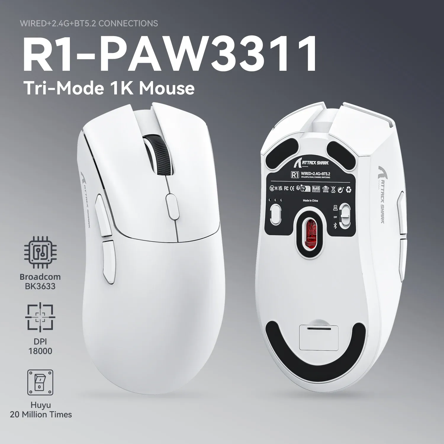 Souris de jeu sans fil Attack Shark R1, capteur PAW3311, 18 000 DPI, 1 kHz, Bluetooth, avec tapis de souris 2