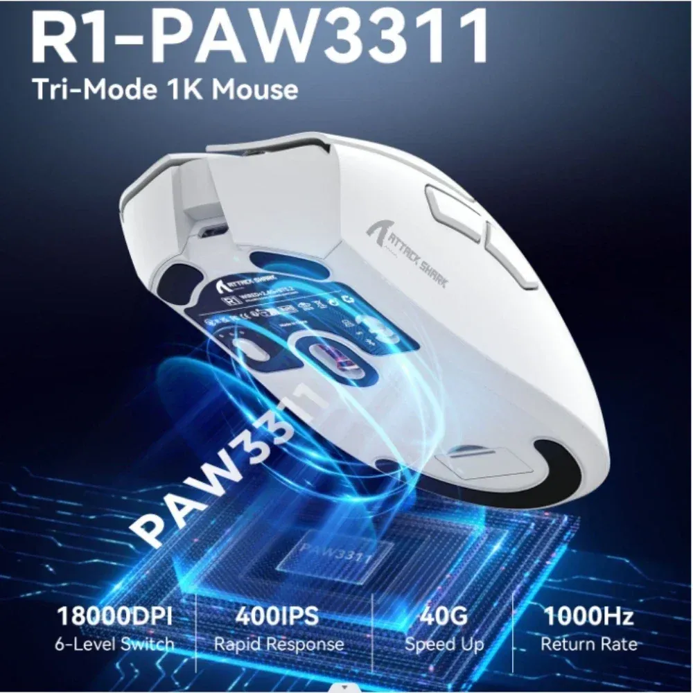Souris de jeu sans fil Attack Shark R1, capteur PAW3311, 18 000 DPI, 1 kHz, Bluetooth, avec tapis de souris 6