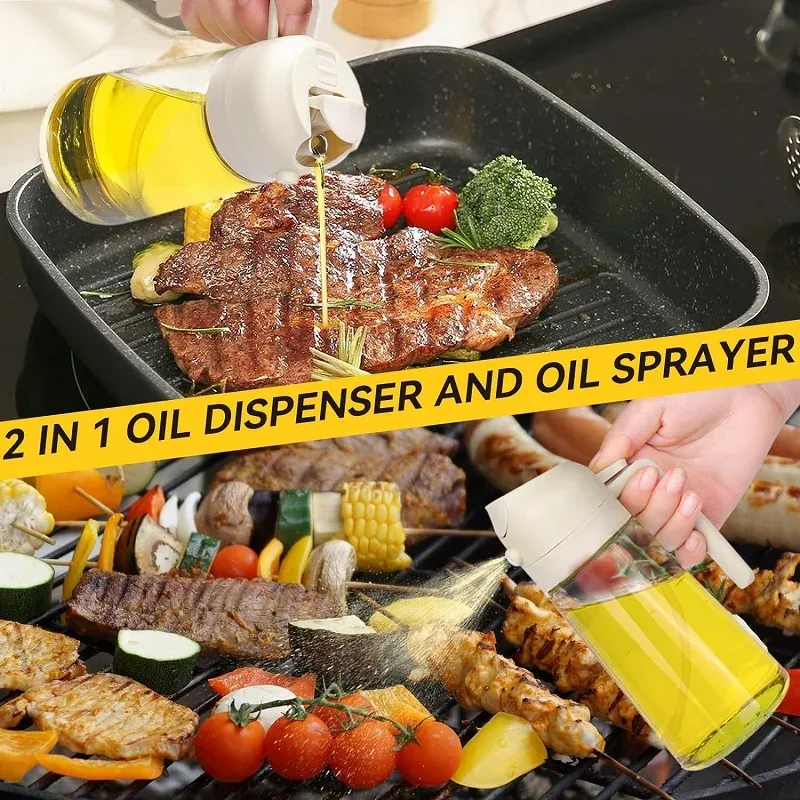 Bouteille pulvérisateur et verseur 2-en-1 de 500 ml pour cuisine et barbecue, pour huile d'olive, vinaigre et sauce soja 2