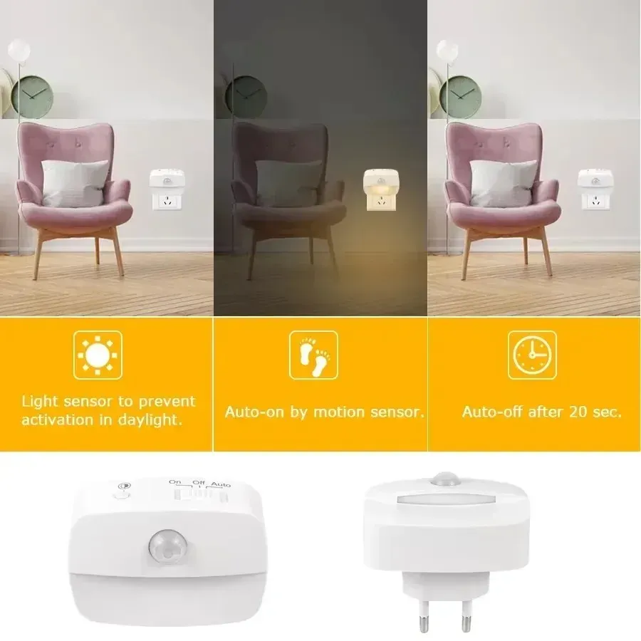 Lot de 1, 2 ou 4 veilleuses LED à capteur de mouvement, prise US/EU, 110-220V 3