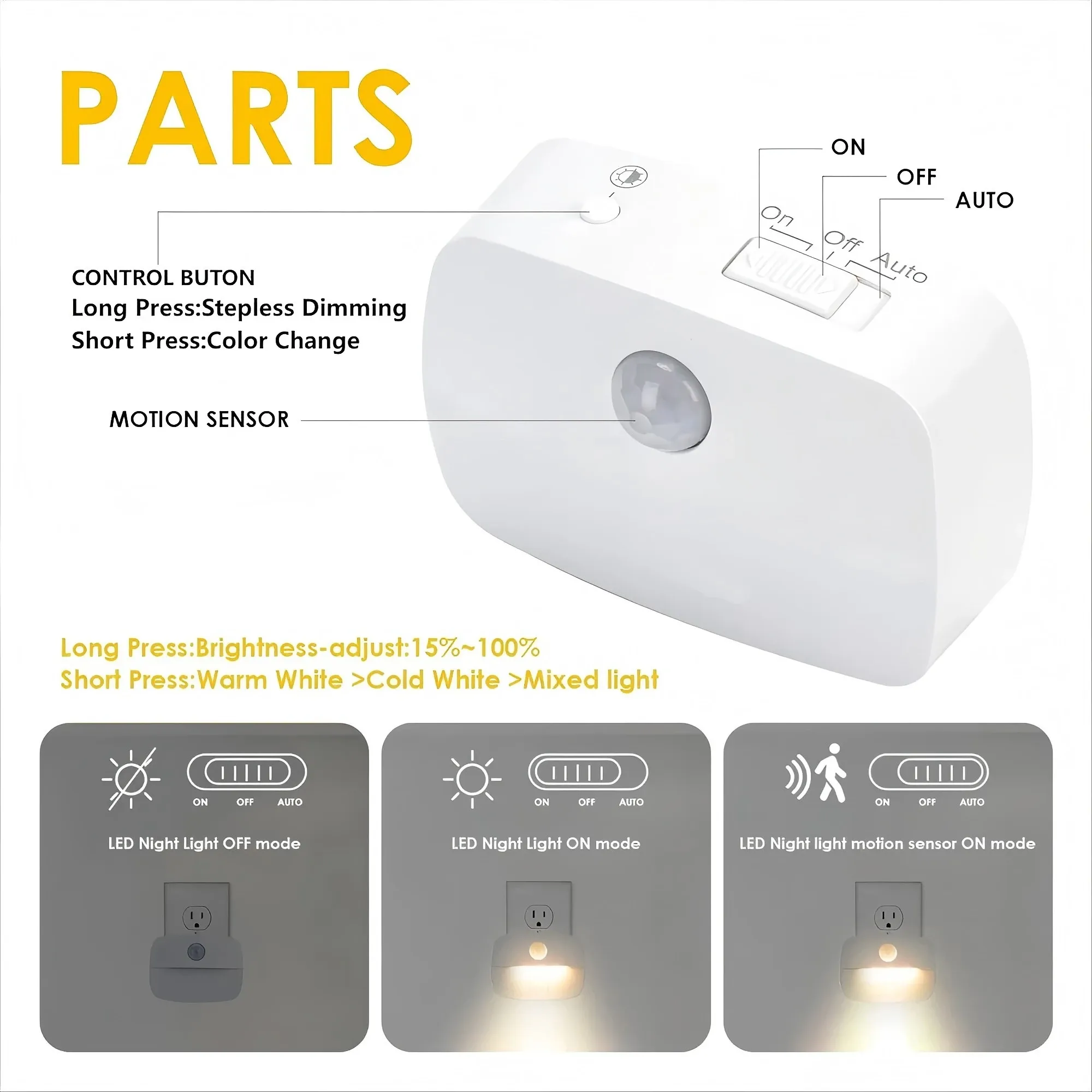 Lot de 1, 2 ou 4 veilleuses LED à capteur de mouvement, prise US/EU, 110-220V 5