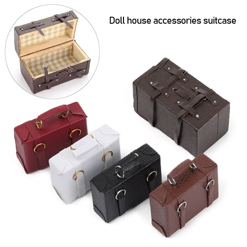 Valise miniature en cuir pour poupée, échelle 1:12, coffre portable vintage en bois - Image 1