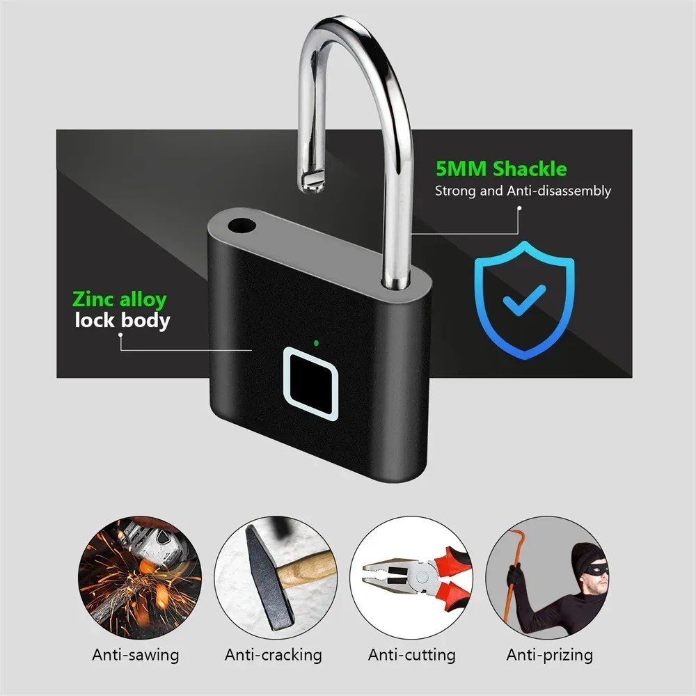 Serrure à empreintes digitales KERUI sans clé, rechargeable par USB, cadenas intelligent étanche, serrure de porte à déverrouillage en 0,2 seconde, cadenas portable antivol en zinc - Image 1