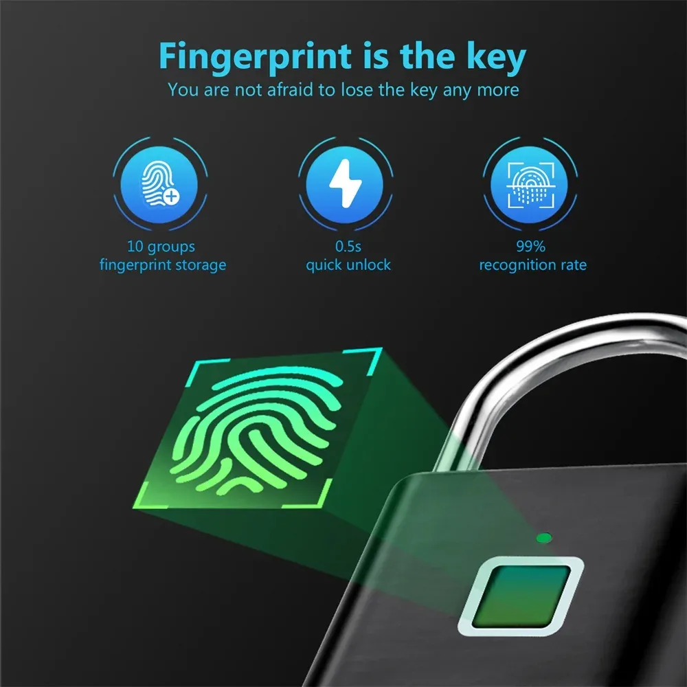 Serrure à empreintes digitales KERUI sans clé, rechargeable par USB, cadenas intelligent étanche, serrure de porte à déverrouillage en 0,2 seconde, cadenas portable antivol en zinc 3