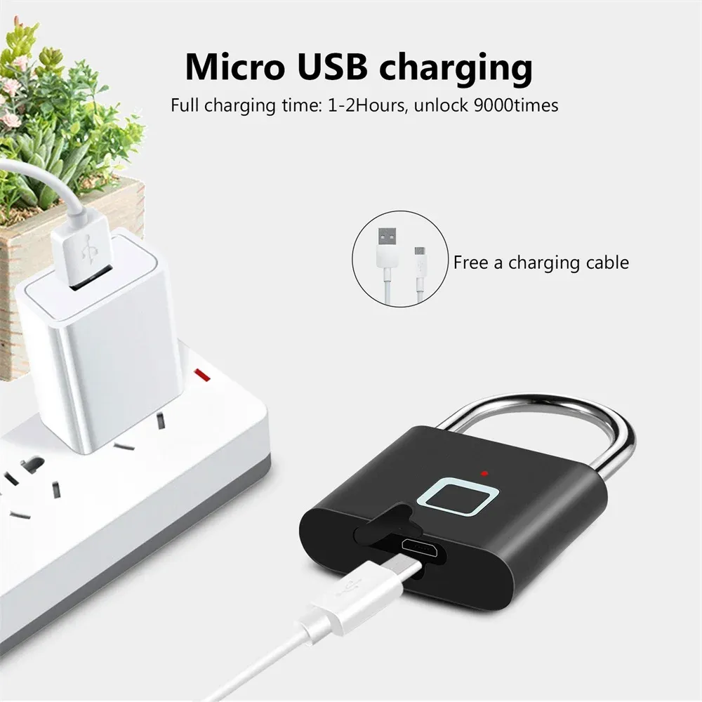 Serrure à empreintes digitales KERUI sans clé, rechargeable par USB, cadenas intelligent étanche, serrure de porte à déverrouillage en 0,2 seconde, cadenas portable antivol en zinc 4