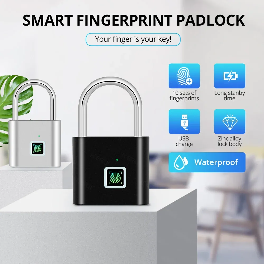 Serrure à empreintes digitales KERUI sans clé, rechargeable par USB, cadenas intelligent étanche, serrure de porte à déverrouillage en 0,2 seconde, cadenas portable antivol en zinc 5