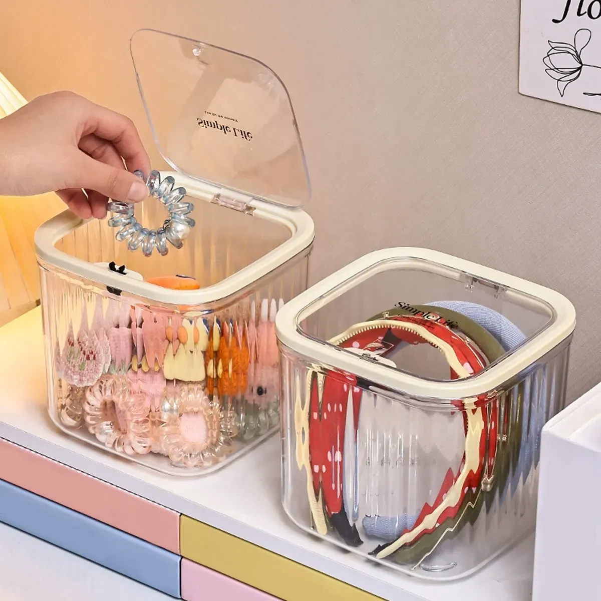 Boîte de rangement pour accessoires capillaires avec couvercle, boîte à bijoux de bureau pour élastiques, bandeaux et pinces à cheveux pour filles 2