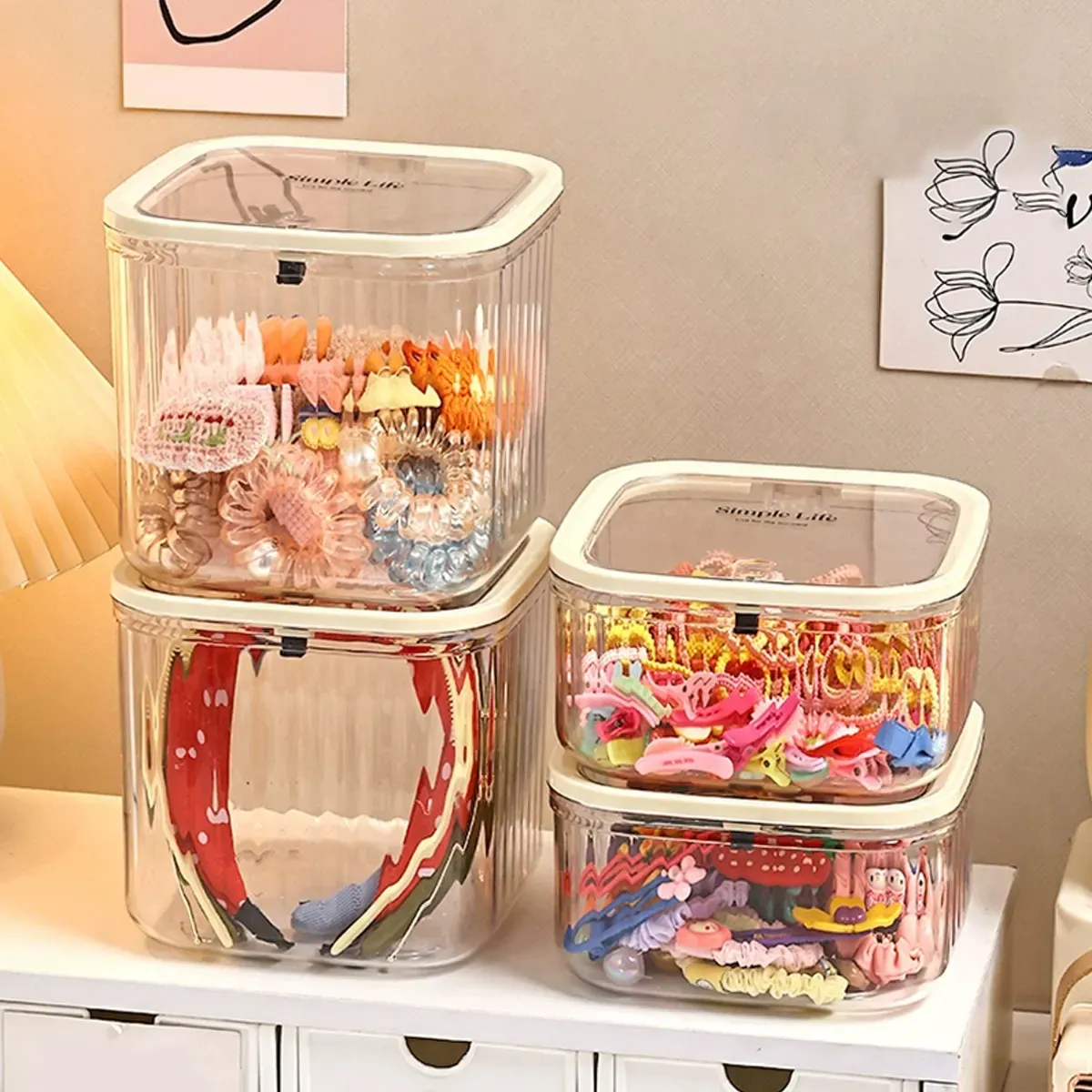 Boîte de rangement pour accessoires capillaires avec couvercle, boîte à bijoux de bureau pour élastiques, bandeaux et pinces à cheveux pour filles