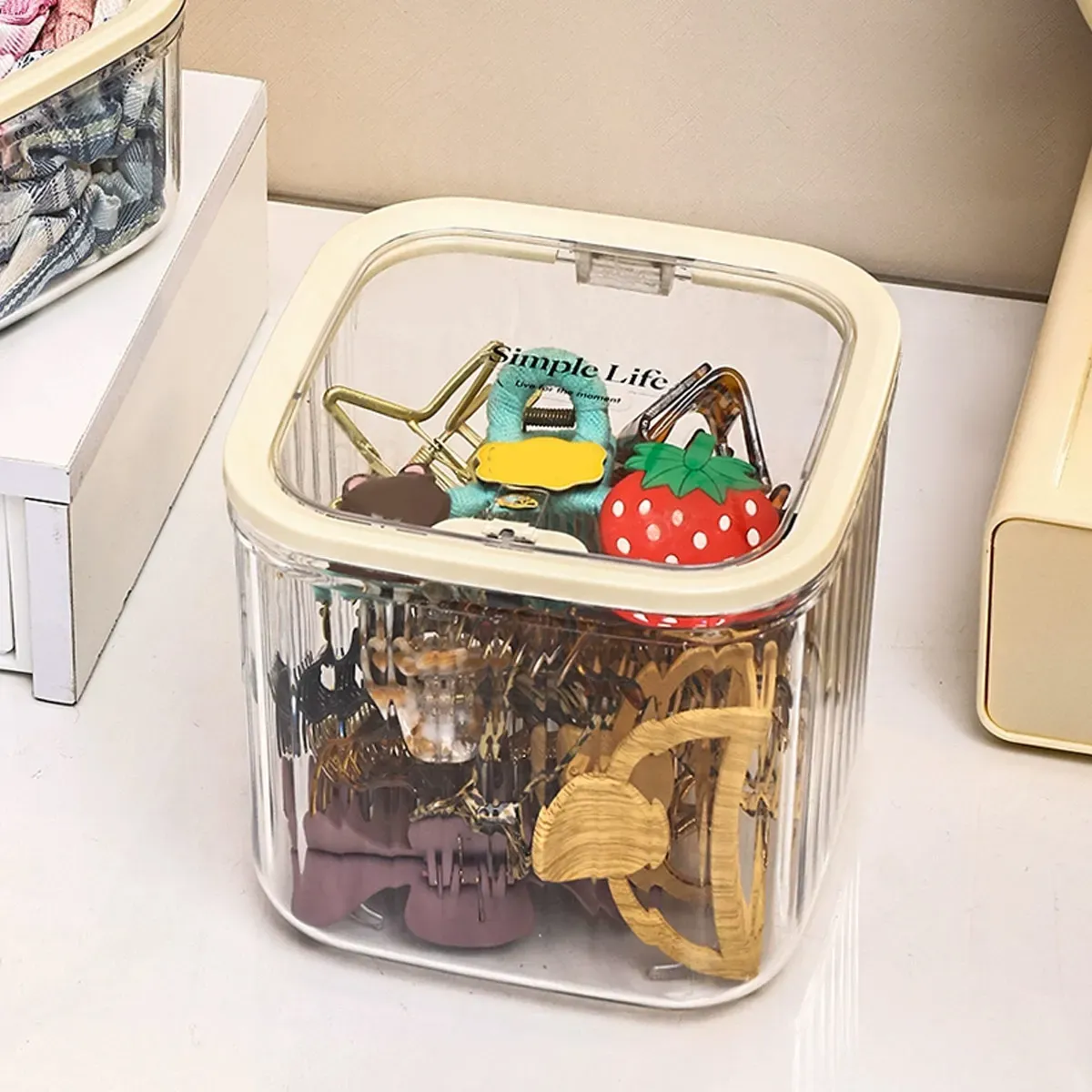 Boîte de rangement pour accessoires capillaires avec couvercle, boîte à bijoux de bureau pour élastiques, bandeaux et pinces à cheveux pour filles 4