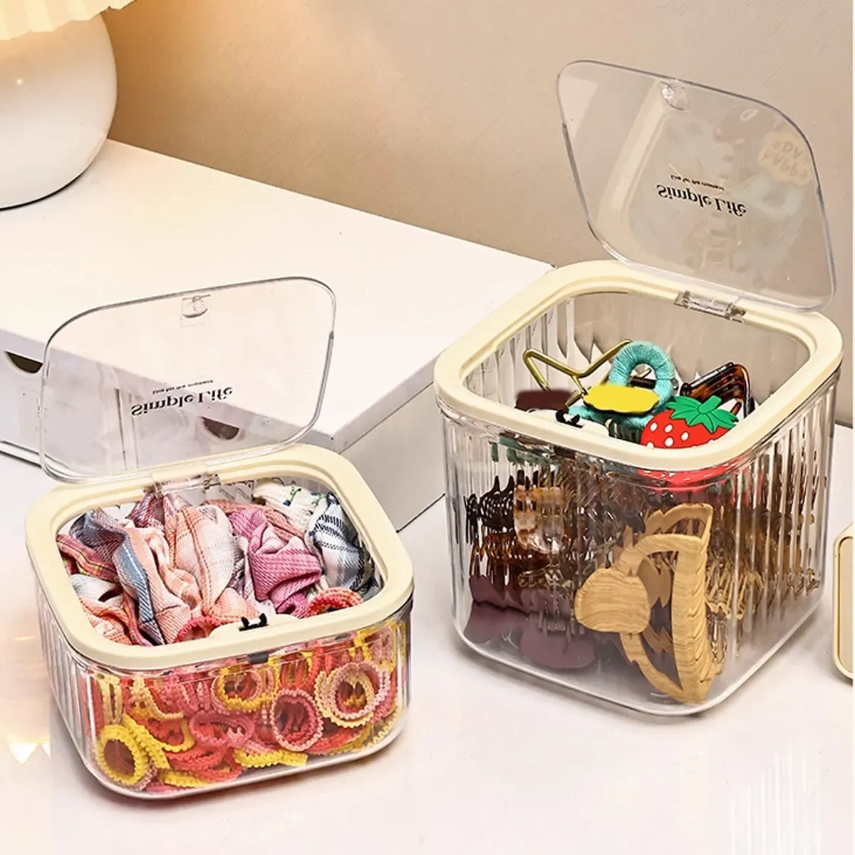 Boîte de rangement pour accessoires capillaires avec couvercle, boîte à bijoux de bureau pour élastiques, bandeaux et pinces à cheveux pour filles 5