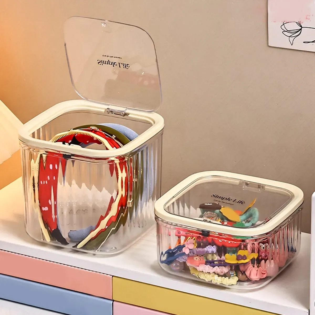 Boîte de rangement pour accessoires capillaires avec couvercle, boîte à bijoux de bureau pour élastiques, bandeaux et pinces à cheveux pour filles 6