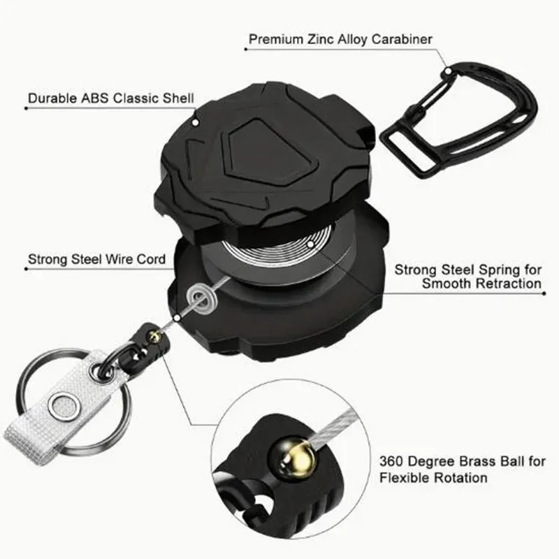 Porte-badge tactique à mousqueton avec enrouleur rétractable, boucle d'alpinisme et accessoires multi-outils 5