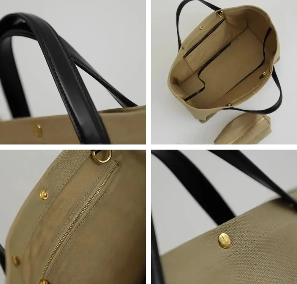 Sac fourre-tout en toile et cuir pour femme, sac porté épaule polyvalent 2