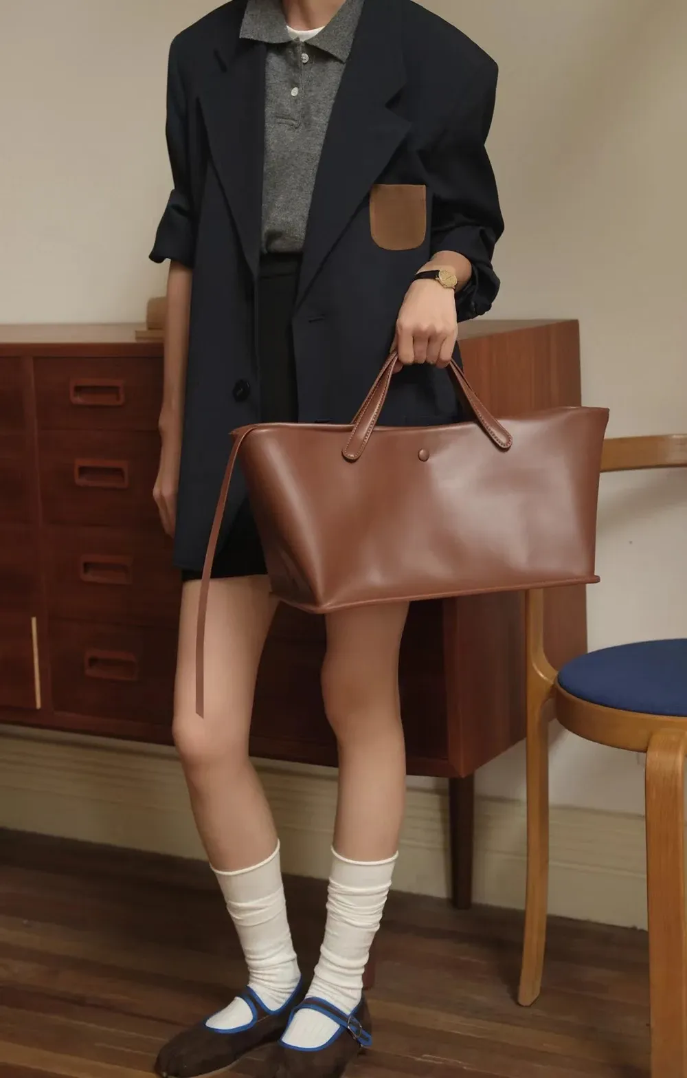 Sac fourre-tout en toile et cuir pour femme, sac porté épaule polyvalent 5