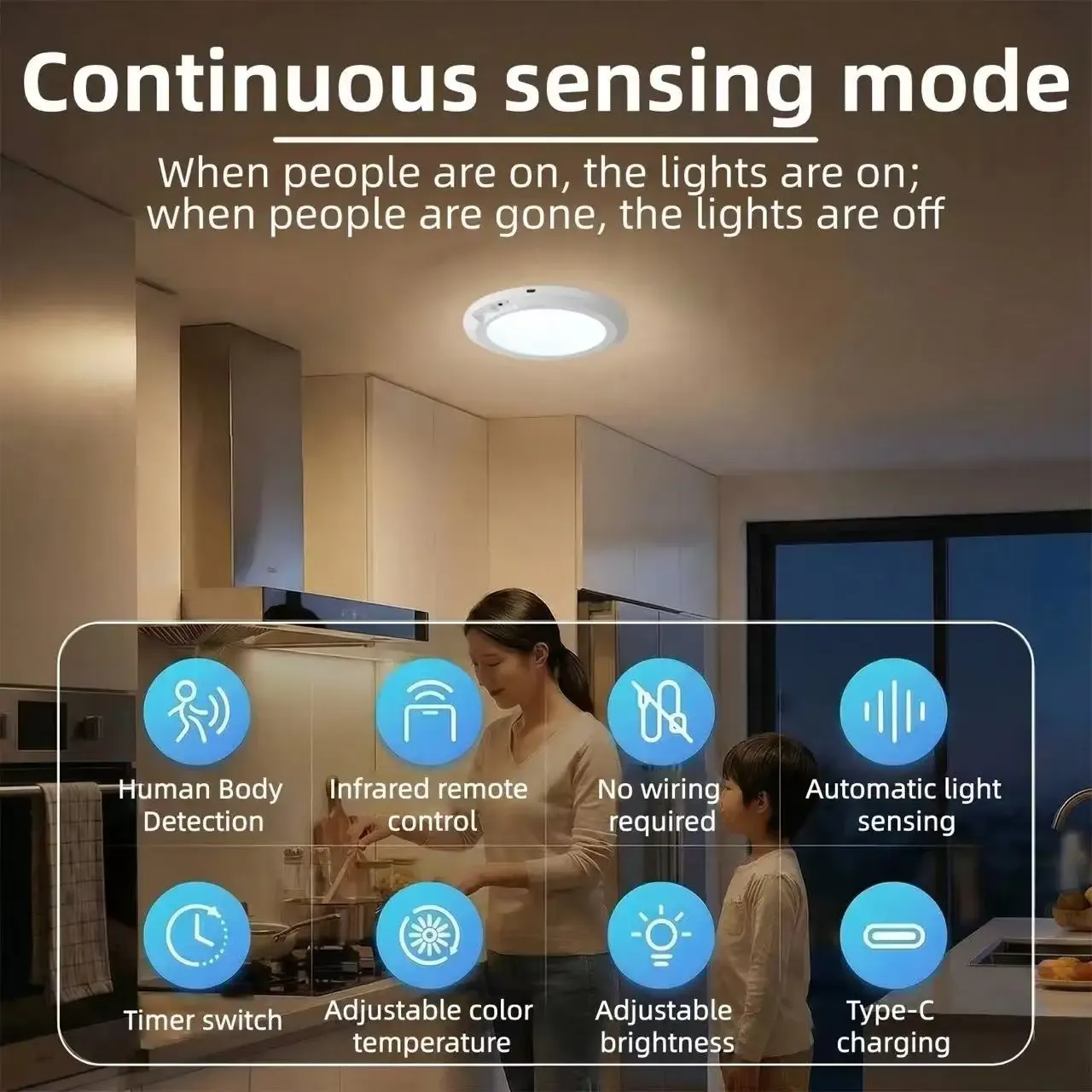 Lampe de plafond sans fil à détecteur de mouvement, rechargeable USB-C, avec télécommande et veilleuse LED pour cuisine et vestiaire 3