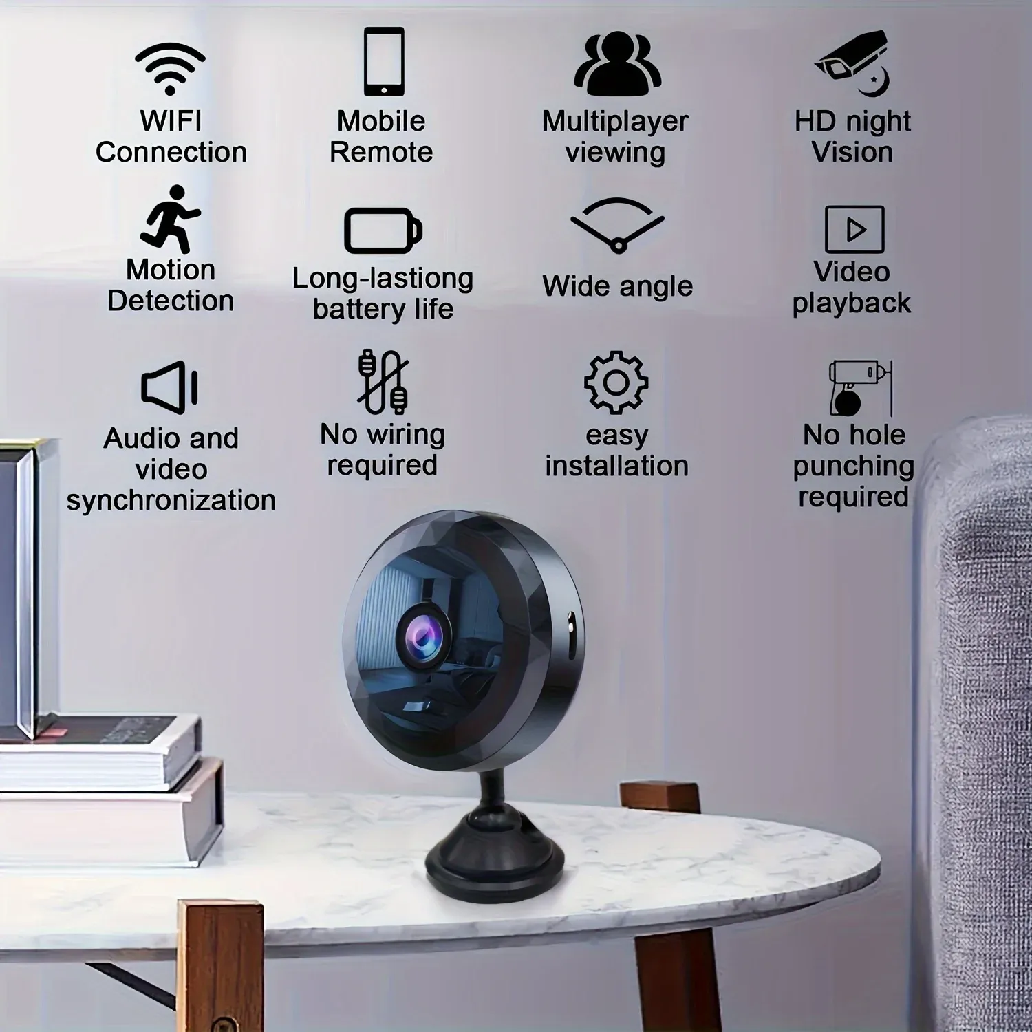 Mini caméra de sécurité Wi-Fi sans fil, vision nocturne, détection de mouvement, batterie longue durée, installation et utilisation faciles avec application 2