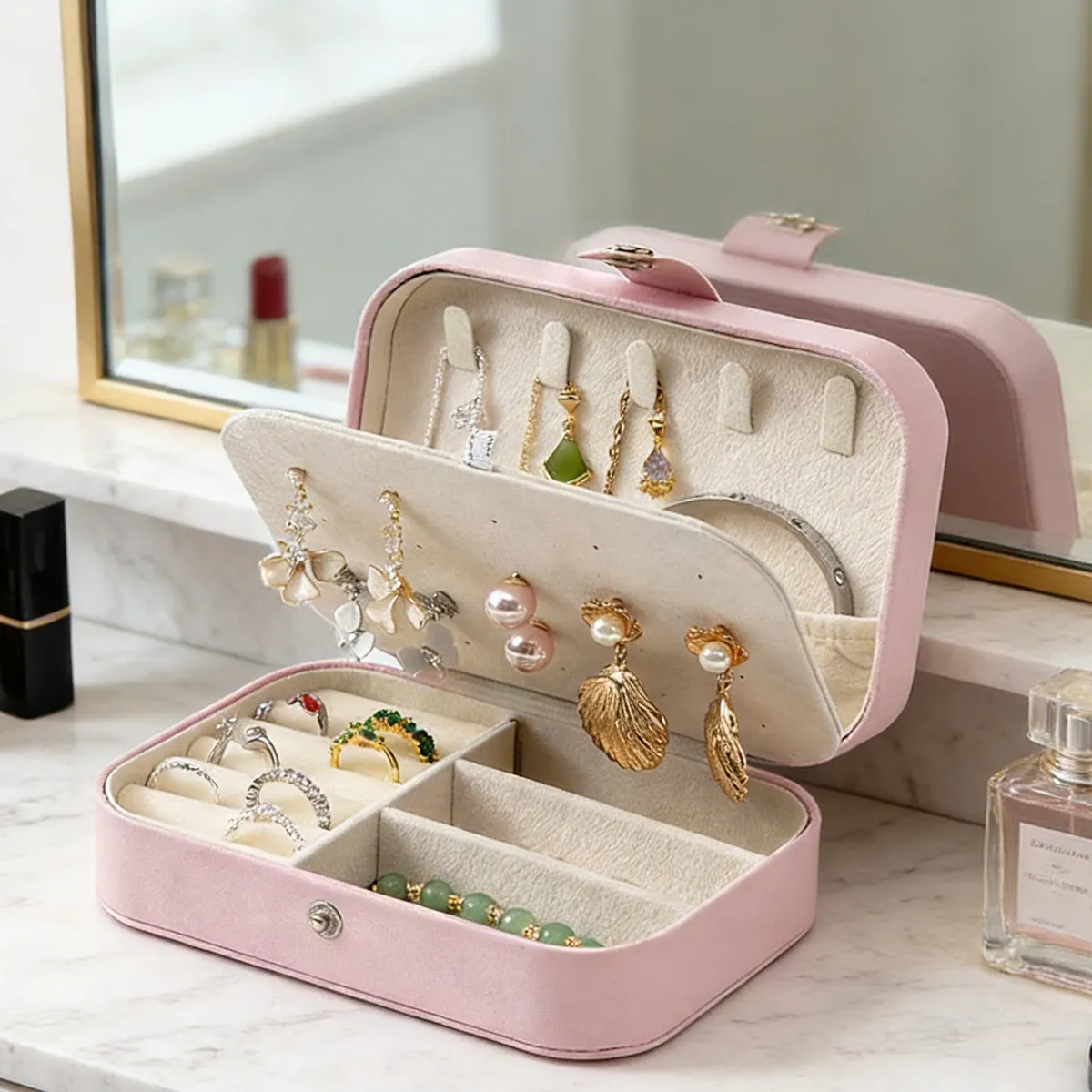 Boîte à bijoux portable multi-compartiments avec doublure en velours rose, idéale pour les voyages