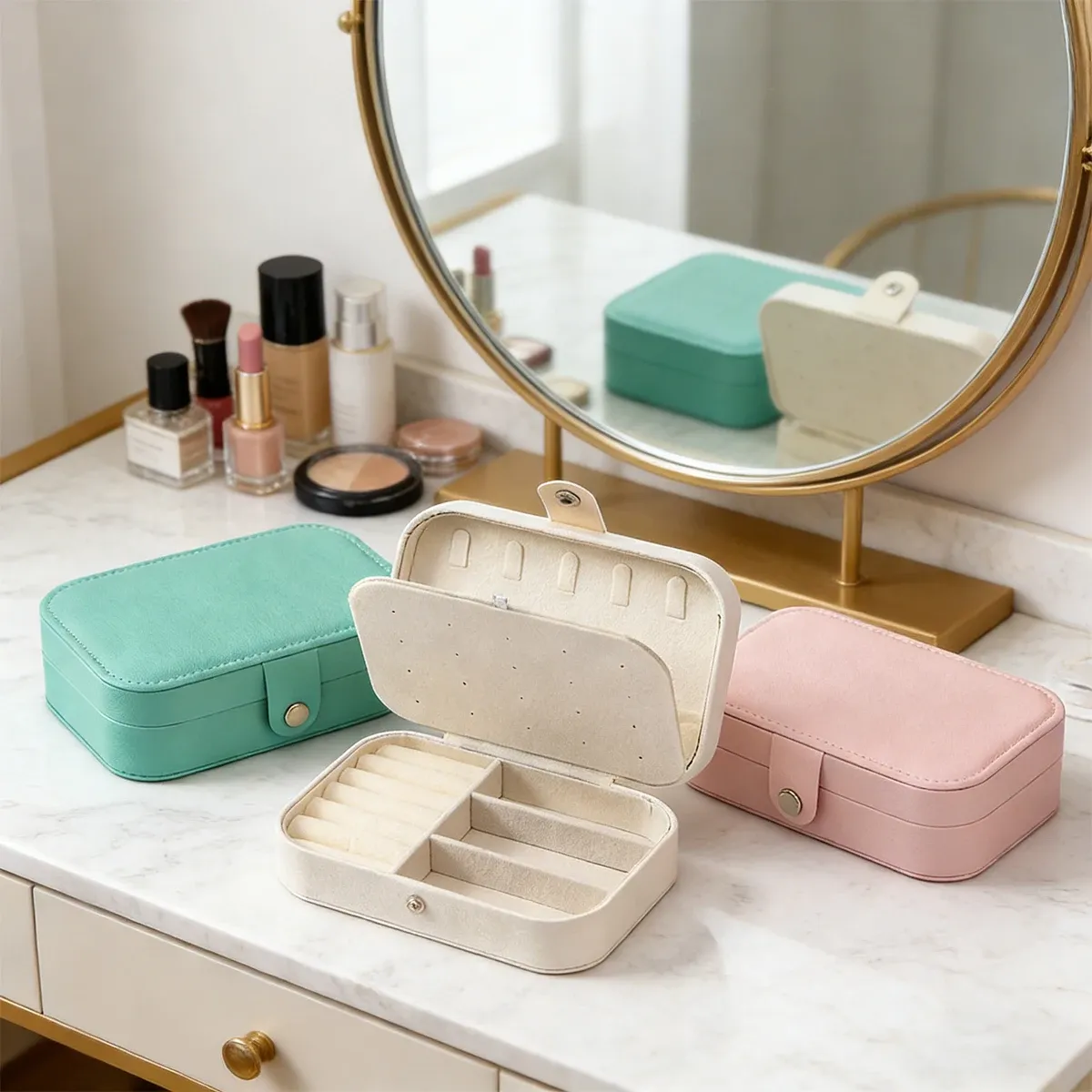 Boîte à bijoux portable multi-compartiments avec doublure en velours rose, idéale pour les voyages 3