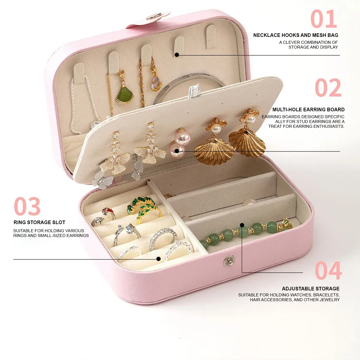 Boîte à bijoux portable multi-compartiments avec doublure en velours rose, idéale pour les voyages 5